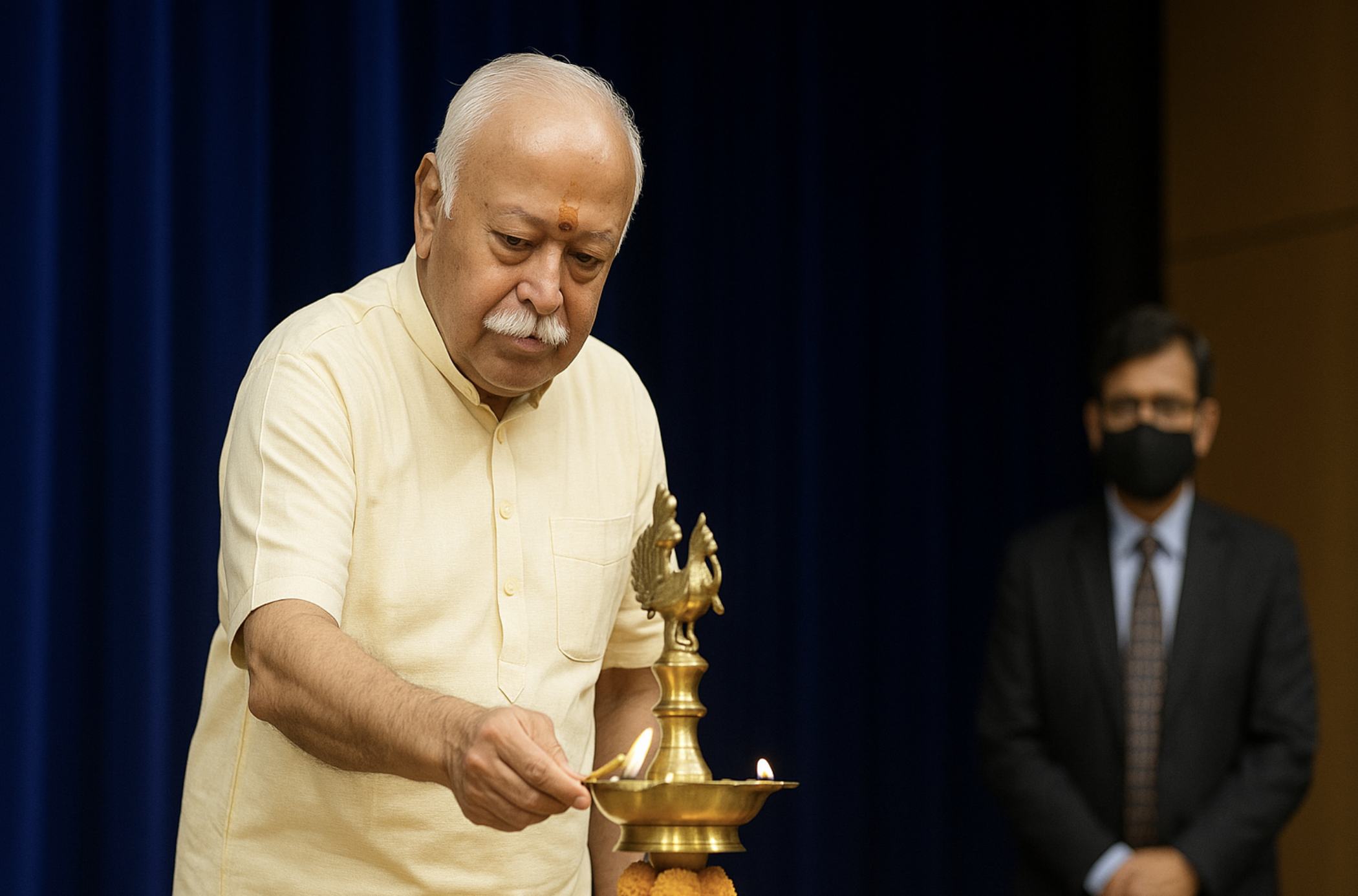 RSS प्रमुख मोहन भागवत दीप प्रज्वलित करते हुए, सांस्कृतिक उद्घाटन का प्रतीक।